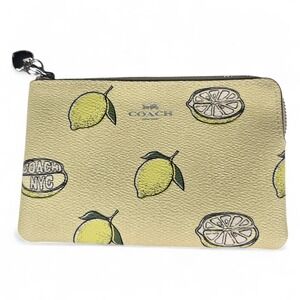 Coach Lemon Print Crossgrain Leather Small Wristlet Yellow ☆